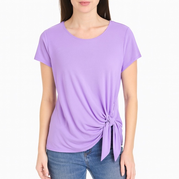 ON·34TH Lilac Side-Tie Short Sleeve Modal Blend Top Size L Worn Once Career - Picture 1 of 6